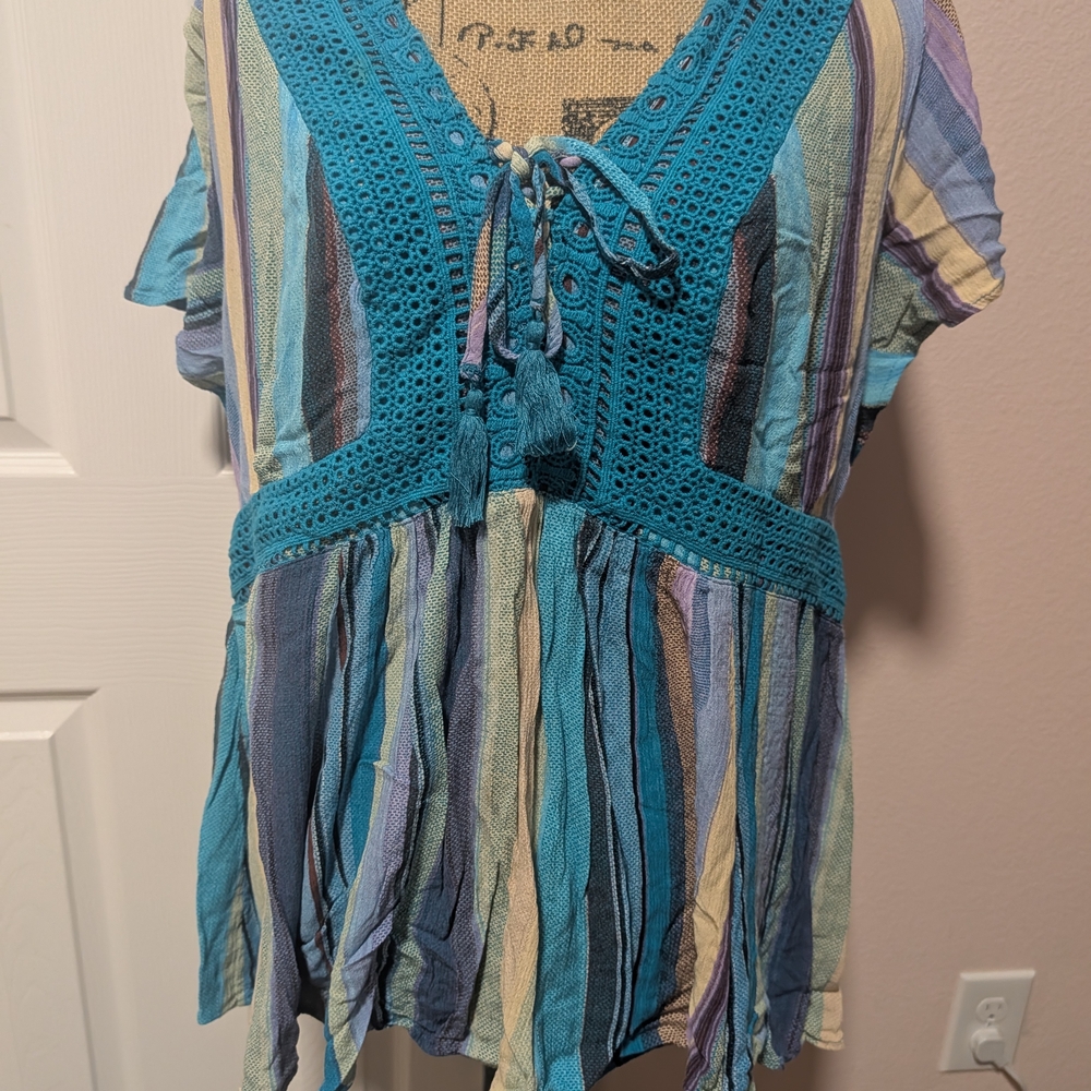 Torrid Teal and Multicolor Striped Blouse